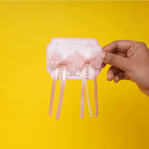 Mini Glossy Bow with Pearl & Lace Hairclip 1 Pair - Baby Pink