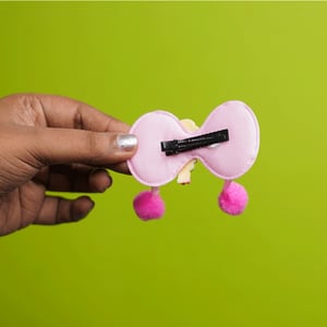 Shiny  Bow Shape Pompom Hair Clip - Light Pink