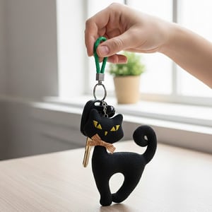 Fancy Cat With Rattle Ball Key Ring - Black