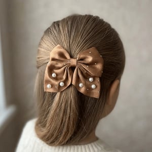 Short Bow Silk Hair Clip With Pearls And Stone - Brown