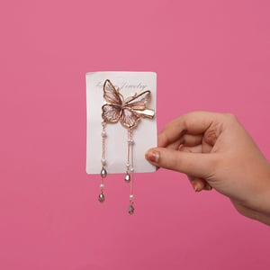 Premium Butterfly Hair Clip With Pearl & Chain - Dark Gold