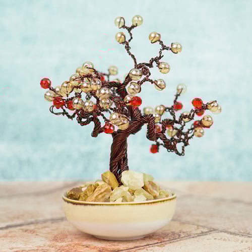 Copper Wire Vintage Bonsai Tree Sculpture With Pearls - Red