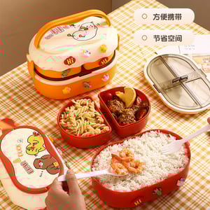 Bear & Duck Double-Layer Lunch Box With Handle - Red