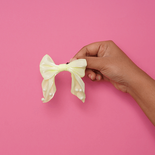Short Bow Hair Clip With Pearls - Yellow