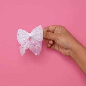 Short Bow Hair Clip With Pearls & Stone - White