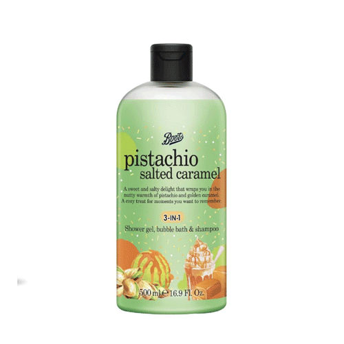 Boots Pistachio Salted Caramel 3-in-1 Shower Gel, Bubble Bath & Shampoo 500ml •