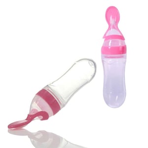Silicone Feeding Bottle With Spoon - Pink