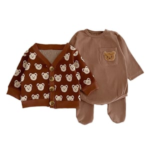 Korean Style Baby Cotton Romper Three Piece Set Size 90 - Chocolate