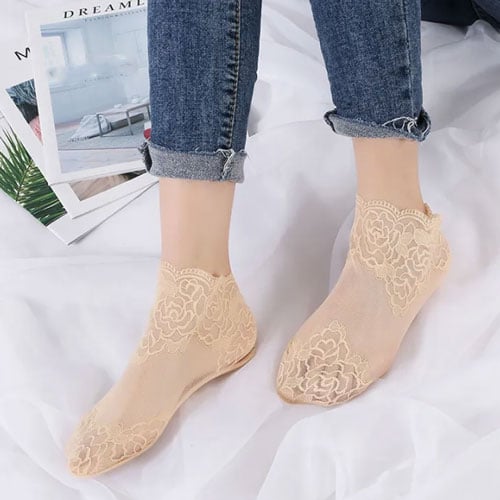 Women Elastic Net Semi Transparent Sock - Beige