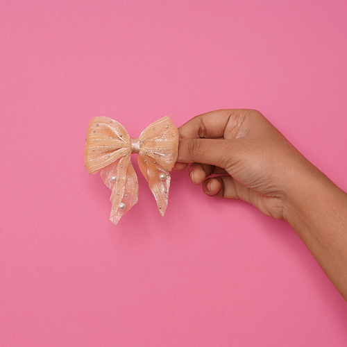 Short Bow Hair Clip With Pearls & Stone - Gold