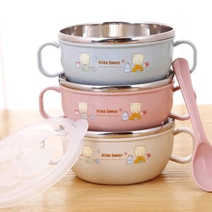 Kiss Bear Stainless Steel Insulated Baby Feeding Bowl Set - Pink