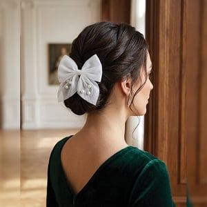 Mini Stripe Bow Hair Clip With Pearls - White