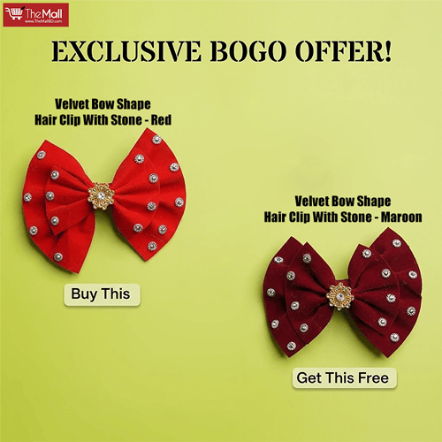 Velvet Bow Shape Hair Clip With Stone - Red (Get Velvet Bow Shape Hair Clip With Stone - Maroon Free)