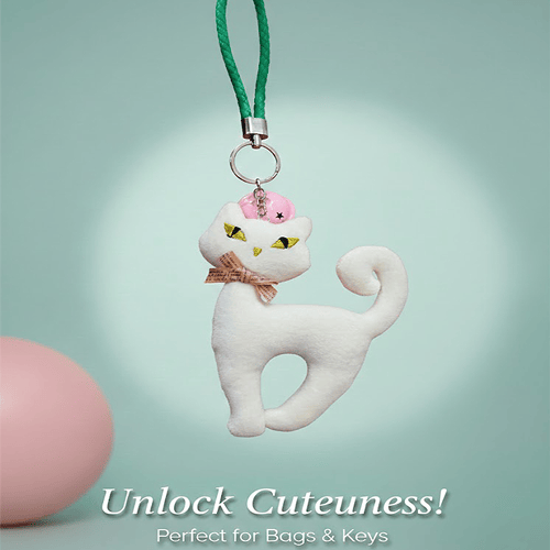 Fancy Cat With Rattle Ball Key Ring - White