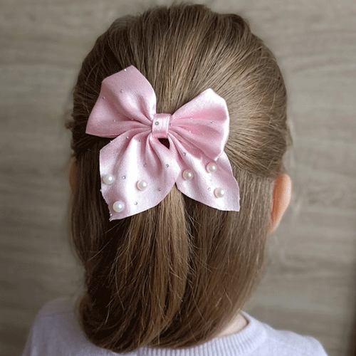 Short Bow Silk Hair Clip With Pearls And Stone - Pink