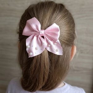 Short Bow Silk Hair Clip With Pearls And Stone - Pink