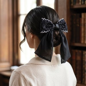 Layered Grosgrain Fabric Bow Hair Clip - Net Black