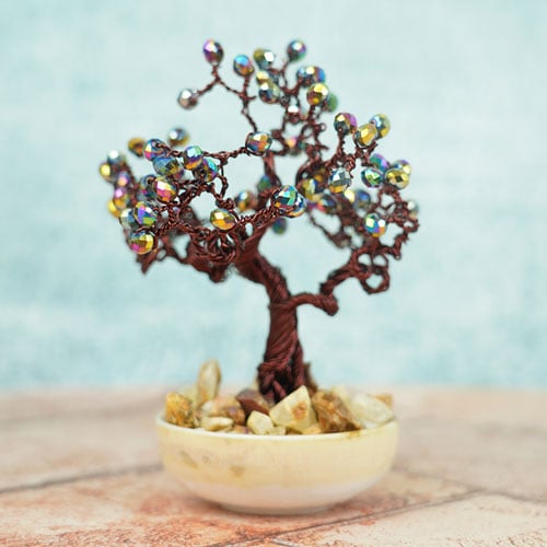 Copper Wire Vintage Bonsai Tree Sculpture With Pearls - Rainbow