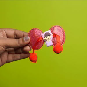 Shiny Bow Shape Pompom Hair Clip - Red