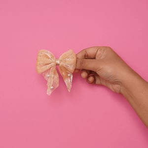 Short Bow Hair Clip With Pearls & Stone - Gold