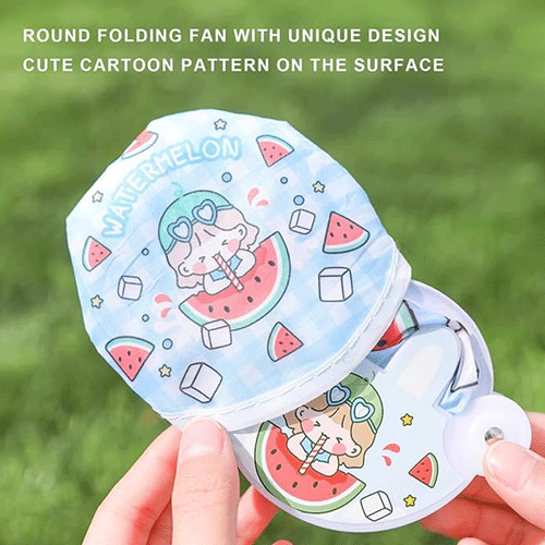 Folding Round Handheld Fan - Blue Watermelon