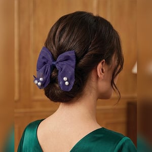 Mini Stripe Bow Hair Clip With Pearls - Blue
