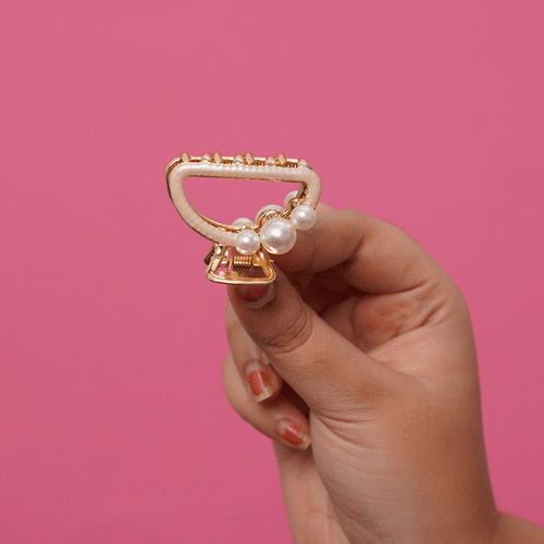 Dior Style Metal Hair Clip With Pearls - Cream