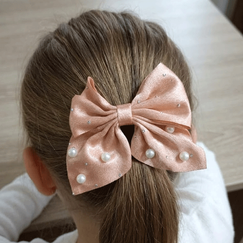 Short Bow Silk Hair Clip With Pearls And Stone - Fuzz Pink