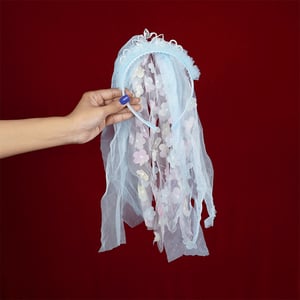 Stone Crown With Floral Veil Headband - Sky Blue