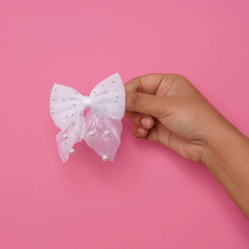 Short Bow Hair Clip With Pearls & Stone - White