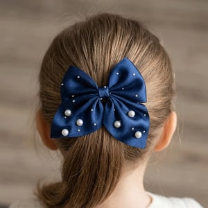 Short Bow Silk Hair Clip With Pearls And Stone - Blue