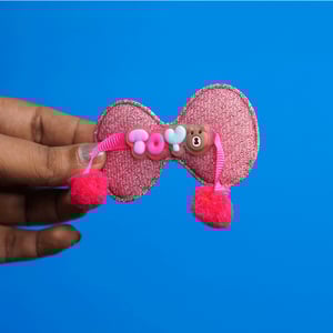 Shiny  Stone Finish Bow Shape Pompom Hair Clip - Hot Pink