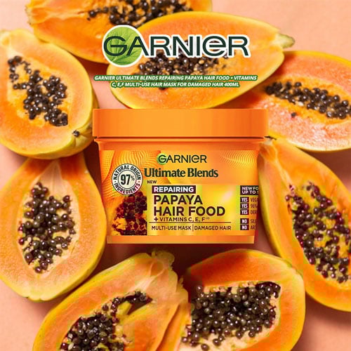 Garnier Ultimate Blends Repairing Papaya Hair Food + Vitamins C, E, F Multi-Use Hair Mask For Damaged Hair 400ml •