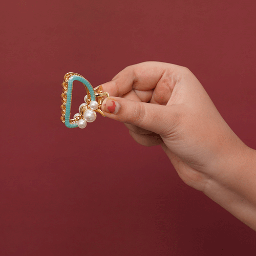 Dior Style Metal Hair Clip With Pearls - Teal Green