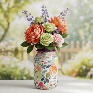 Floral Printed Glass Vase - Multi-Color Rose