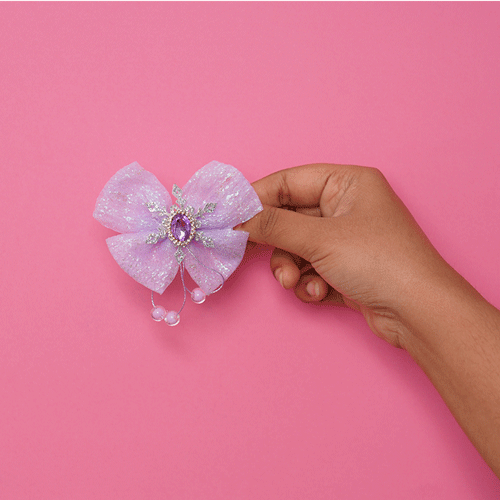 Glossy Bow Hair Clip With  Infinity Stone & Pearl - Purple