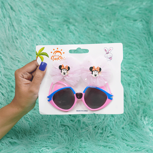 Fancy Sunglass & Minnie Mouse Bow Hair Clip Combo - Baby Pink