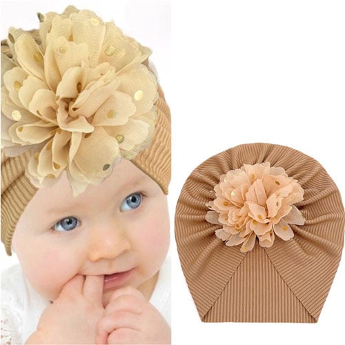Baby Turban Cap Bronzing Flower - Light Brown