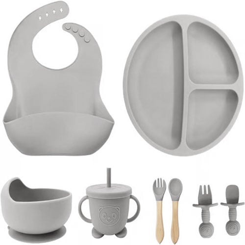 Silicone Feeding Accessories 8pcs Set for Babies - Gray