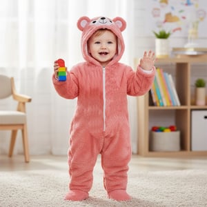 Winter Teddy Romper For Baby - Pink Large