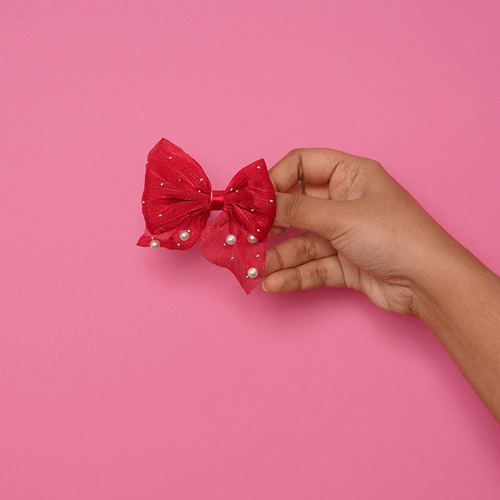 Short Bow Hair Clip With Pearls & Stone - Red
