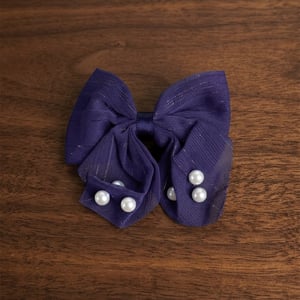 Mini Stripe Bow Hair Clip With Pearls - Blue