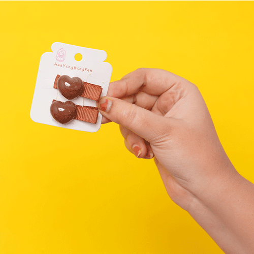 Glossy Heart Hair Clip 1 pair - Brown