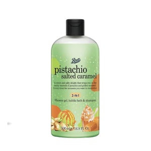 Boots Pistachio Salted Caramel 3-in-1 Shower Gel, Bubble Bath & Shampoo 500ml •