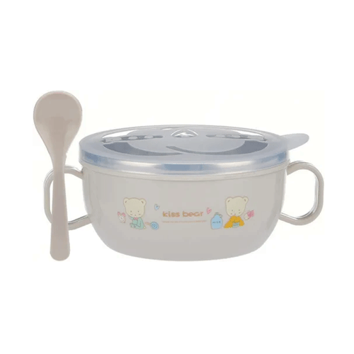 Kiss Bear Stainless Steel Insulated Baby Feeding Bowl Set - Light Brown
