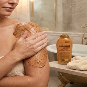 OGX Smooth + Coconut Coffee Scrub And Wash 577ml •