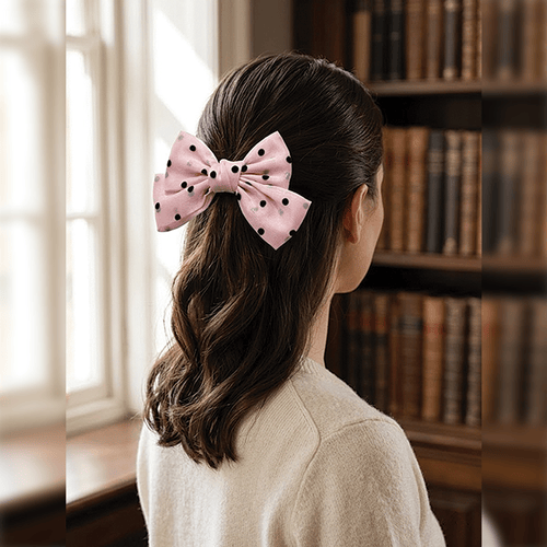 Polka Dot Net  Bow Hair Clip - Baby Pink