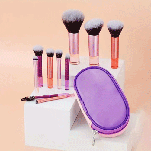 10pcs Premium Mini Makeup Brush Set With Zip Pouch - Pink Purple