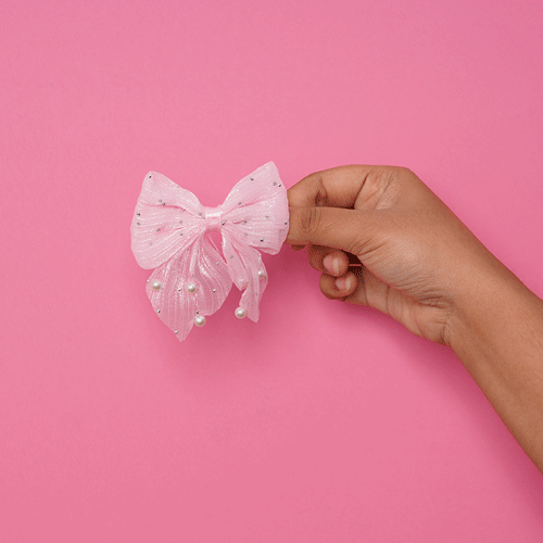 Short Bow Hair Clip With Pearls & Stone - Pink