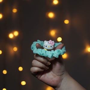 Girls Net Scrunchie Elastic Hair Band - Light Teal Hello Kitty